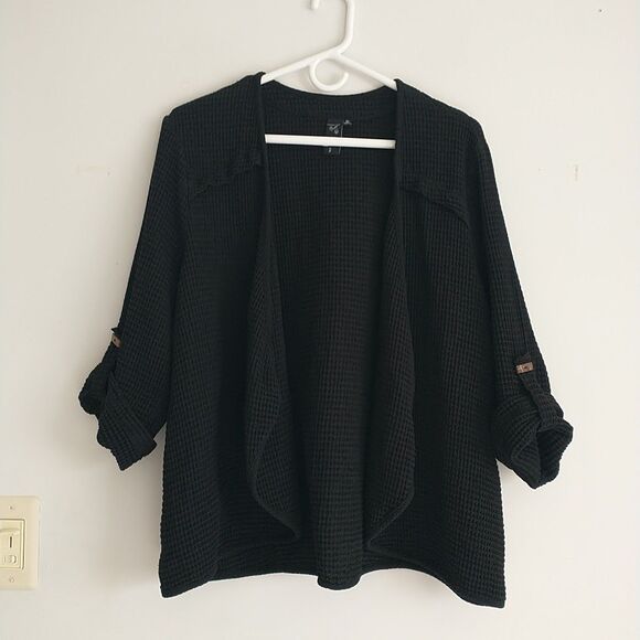 Focus Casual Life Open Front Cardigan Women XL Black Waffle Knit Cotton Roll Tab - Picture 1 of 8